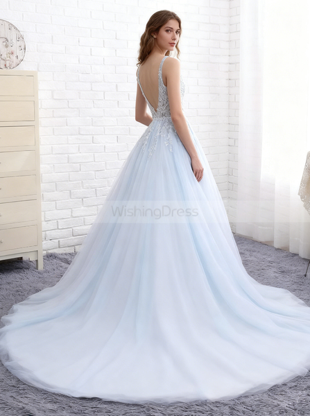 Light Blue Bridal Dress,Princess Wedding Dresses,Classic Bridal Dress,Backless Bridal Dress,WD00233