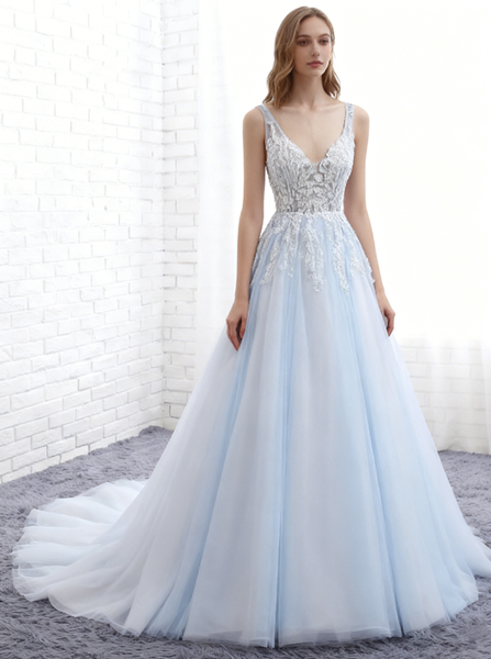 Light Blue Bridal Dress,Princess Wedding Dresses,Classic Bridal Dress,Backless Bridal Dress,WD00233