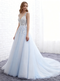 Light Blue Bridal Dress,Princess Wedding Dresses,Classic Bridal Dress,Backless Bridal Dress,WD00233