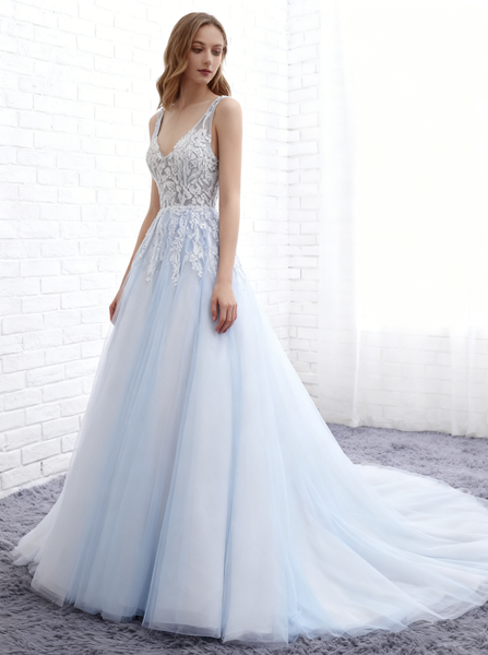Light Blue Bridal Dress,Princess Wedding Dresses,Classic Bridal Dress,Backless Bridal Dress,WD00233