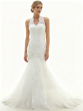Halter Wedding Dresses,Mermaid Wedding Dress,Corset Wedding Gown,Lace Bridal Dress,WD00030