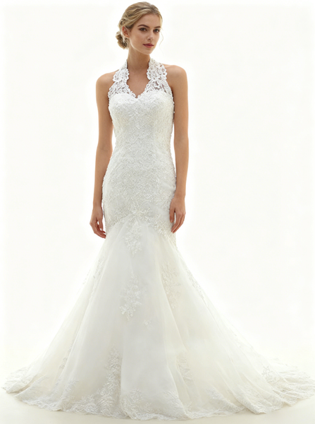 Halter Wedding Dresses,Mermaid Wedding Dress,Corset Wedding Gown,Lace Bridal Dress,WD00030