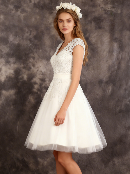 Ivory A-line Wedding Reception Dresses,Tea Length Elegant Wedding Dress,WD00541