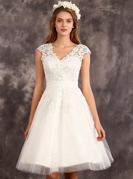 Ivory A-line Wedding Reception Dresses,Tea Length Elegant Wedding Dress,WD00541
