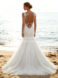 Trendy Mermaid Dresses with Straps,Embroidered Wedding Gown,White Wedding Gown,WD00038