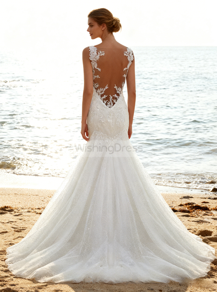 Trendy Mermaid Dresses with Straps,Embroidered Wedding Gown,White Wedding Gown,WD00038
