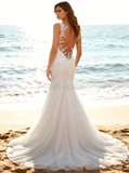 Trendy Mermaid Dresses with Straps,Embroidered Wedding Gown,White Wedding Gown,WD00038