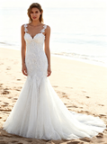 Trendy Mermaid Dresses with Straps,Embroidered Wedding Gown,White Wedding Gown,WD00038