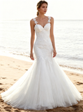 Trendy Mermaid Dresses with Straps,Embroidered Wedding Gown,White Wedding Gown,WD00038