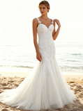 Trendy Mermaid Dresses with Straps,Embroidered Wedding Gown,White Wedding Gown,WD00038