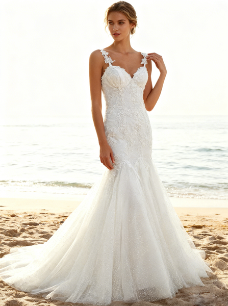 Trendy Mermaid Dresses with Straps,Embroidered Wedding Gown,White Wedding Gown,WD00038