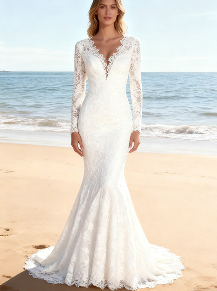 Ivory Lace Wedding Dresses,Modest Wedding Dress with Long Sleeves,WD00610