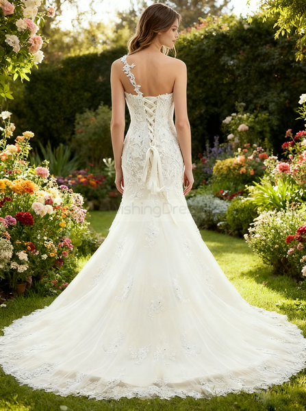 Fit and Flare Wedding Dresses,One Shoulder Wedding Dress,Lace Bridal Dress,WD00267