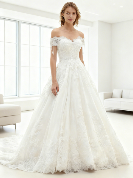 Princess Wedding Dresses,Off Shoulder Wedding Dress,Short Sleeves Wedding Gown,WD00105