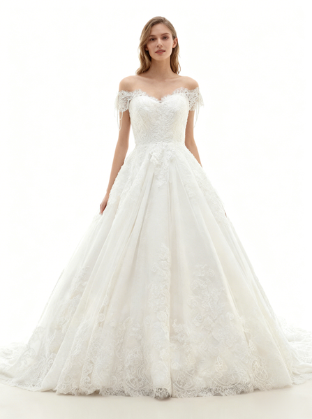 Princess Wedding Dresses,Off Shoulder Wedding Dress,Short Sleeves Wedding Gown,WD00105