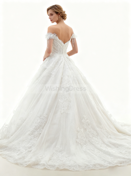Princess Wedding Dresses,Off Shoulder Wedding Dress,Short Sleeves Wedding Gown,WD00105