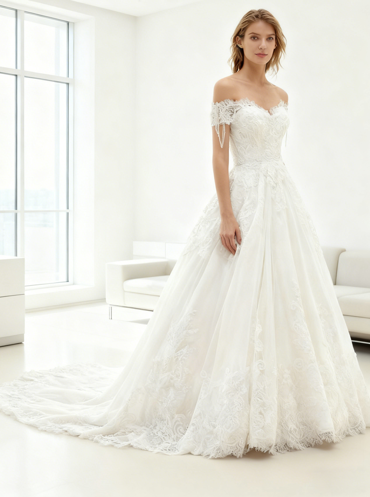 off the shoulder wedding dress short Princess Wedding Dresses,Off Shoulder Wedding Dress,Short Sleeves Wedding Gown,WD00105, US14 / Champagne