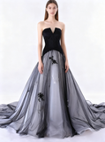 Colored Wedding Dresses,Black Wedding Dress,Strapless Wedding Gown,Tulle Wedding Gown,WD00115