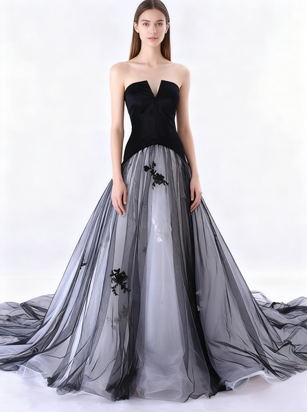 Colored Wedding Dresses,Black Wedding Dress,Strapless Wedding Gown,Tulle Wedding Gown,WD00115