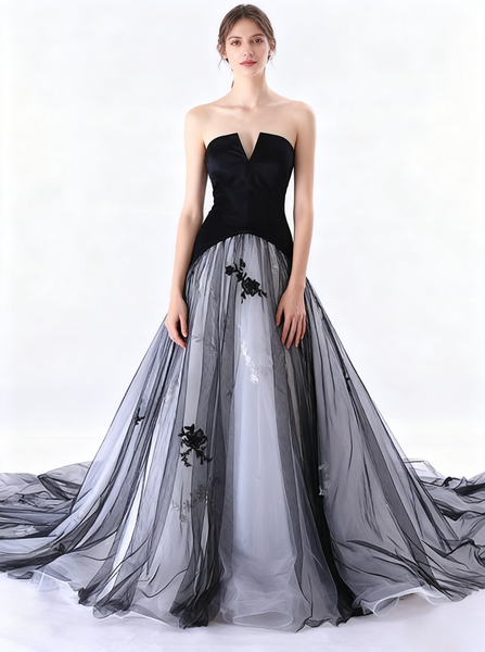 Colored Wedding Dresses,Black Wedding Dress,Strapless Wedding Gown,Tulle Wedding Gown,WD00115