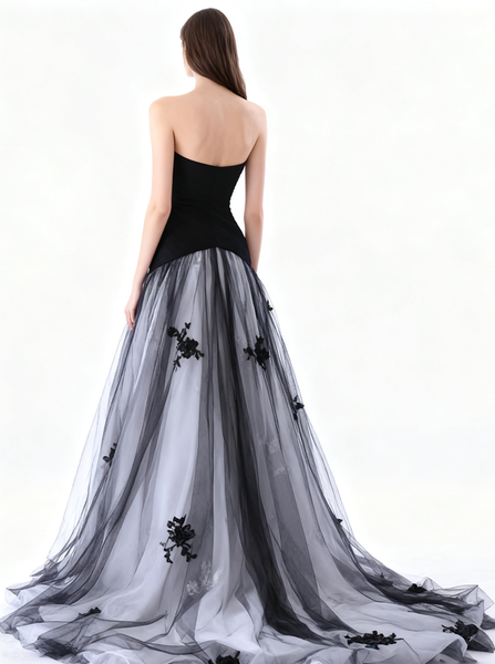 Colored Wedding Dresses,Black Wedding Dress,Strapless Wedding Gown,Tulle Wedding Gown,WD00115