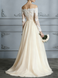 Vintage Wedding Dress,Boho Bridal Dress with Sleeves,Off the Shoulder Wedding Dress,WD00298