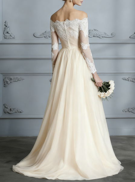 Vintage Wedding Dress,Boho Bridal Dress with Sleeves,Off the Shoulder Wedding Dress,WD00298