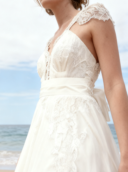 Beach Chiffon Lace Wedding Dresses,Romantic Wedding Dress with Sash,WD00312