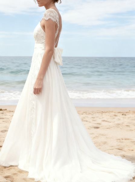 Beach Chiffon Lace Wedding Dresses,Romantic Wedding Dress with Sash,WD00312