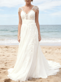 Beach Chiffon Lace Wedding Dresses,Romantic Wedding Dress with Sash,WD00312