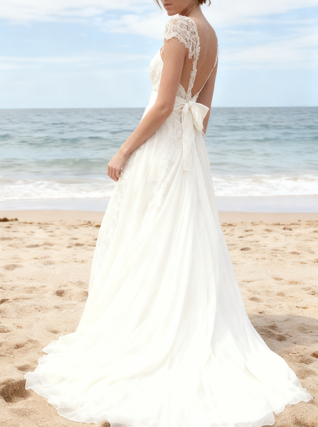 Beach Chiffon Lace Wedding Dresses,Romantic Wedding Dress with Sash,WD00312