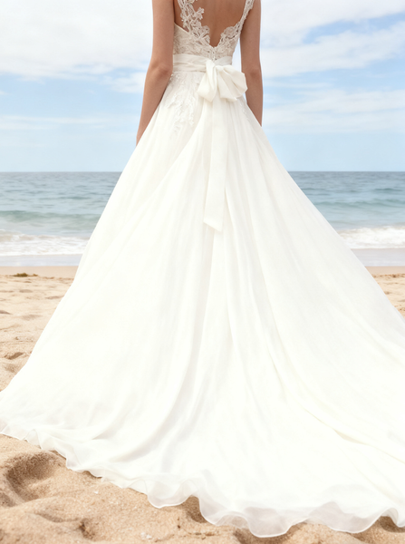 Beach Chiffon Lace Wedding Dresses,Romantic Wedding Dress with Sash,WD00312
