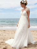Beach Chiffon Lace Wedding Dresses,Romantic Wedding Dress with Sash,WD00312