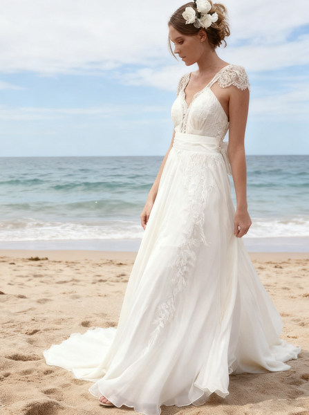 Beach Chiffon Lace Wedding Dresses,Romantic Wedding Dress with Sash,WD00312