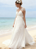 Beach Chiffon Lace Wedding Dresses,Romantic Wedding Dress with Sash,WD00312