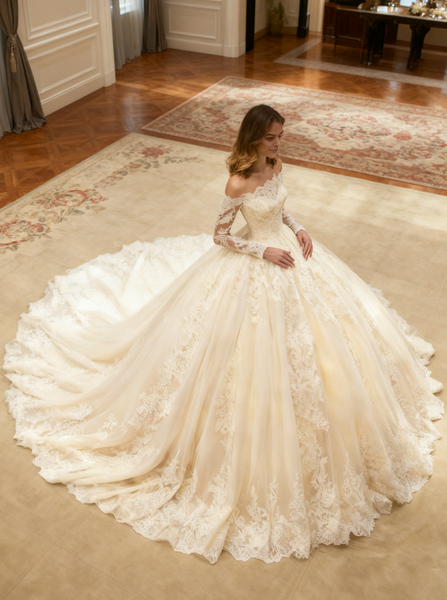 Off the Shoulder Wedding Gown,Long Sleeves Bridal Gown,WD00396