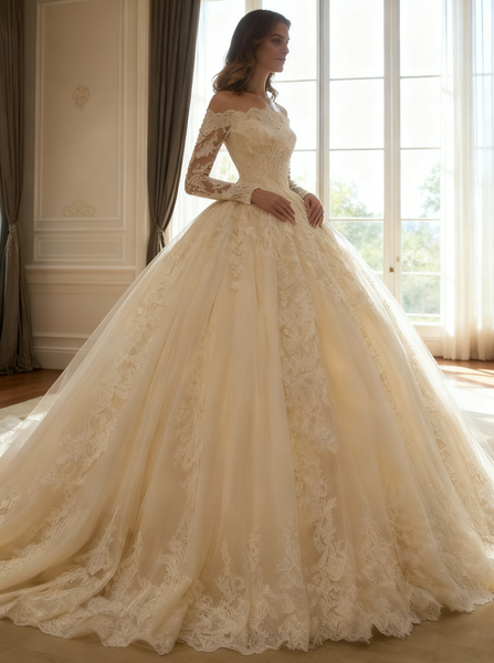 Off the Shoulder Wedding Gown,Long Sleeves Bridal Gown,WD00396