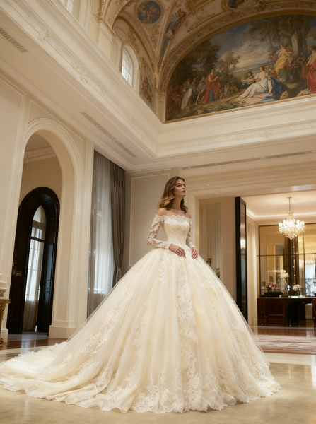 Off the Shoulder Wedding Gown,Long Sleeves Bridal Gown,WD00396