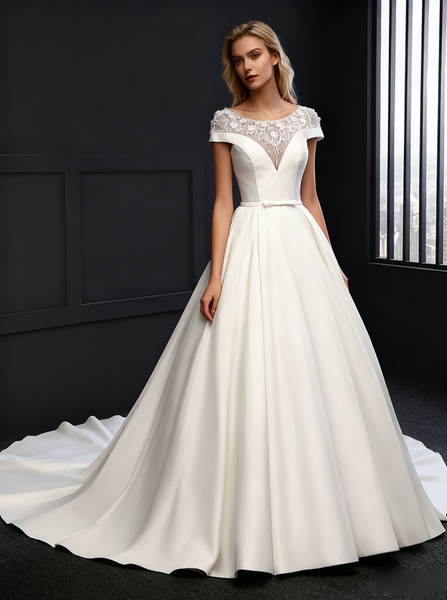 Satin Wedding Dresses,Bridal Gown with Sleeves,Aline Wedding Dress,Vintage Bridal Dress,WD00077