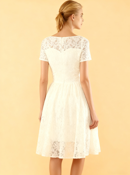 A-line Knee Length Wedding Dresses,Outdoor Lace Wedding Dress with Short Sleeves,WD00566
