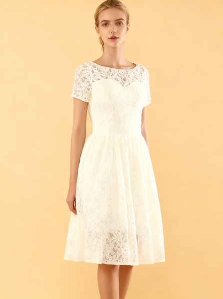 A-line Knee Length Wedding Dresses,Outdoor Lace Wedding Dress with Short Sleeves,WD00566