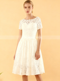 A-line Knee Length Wedding Dresses,Outdoor Lace Wedding Dress with Short Sleeves,WD00566