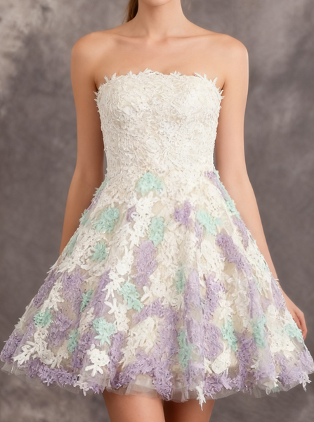 A-line Strapless Wedding Reception Dress,Lace Short Outdoor Wedding Dress,WD00552