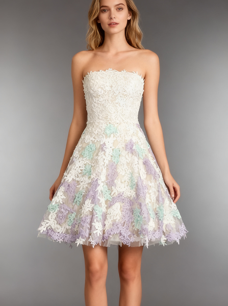 A-line Strapless Wedding Reception Dress,Lace Short Outdoor Wedding Dress,WD00552