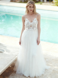 Tulle Wedding Dress with Spaghetti Straps,Floor Length Beach Wedding Dress,WD00454