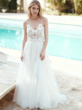 Tulle Wedding Dress with Spaghetti Straps,Floor Length Beach Wedding Dress,WD00454