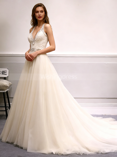 Ivory A-line Wedding Dresses,Tulle Long Wedding Dress,WD00380