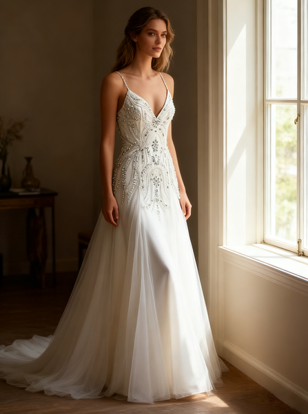 White Wedding Dresses,Beaded Wedding Dress,Tulle Bridal Dress,WD00224