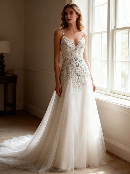 White Wedding Dresses,Beaded Wedding Dress,Tulle Bridal Dress,WD00224