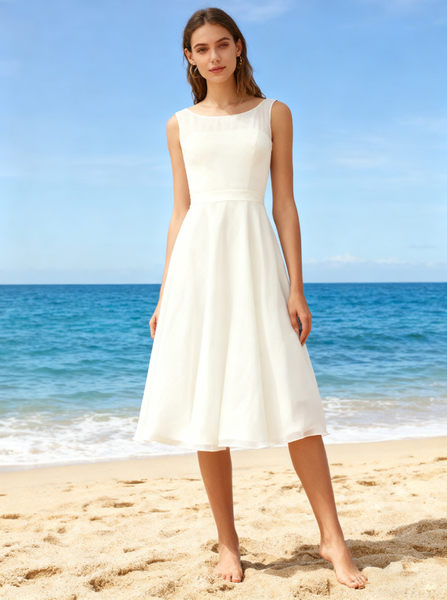 Tea Length Wedding Dress,Chiffon Wedding Dress,Beach Bridal Dress,WD00130